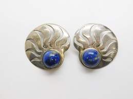 Artisan 925 Sterling Silver Lapis Lazuli Sunbeam Cut Out Statement Clip-On Earrings 31.1g