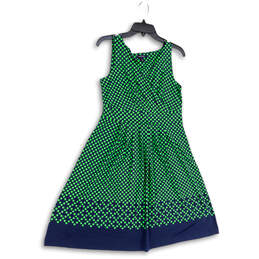 Womens Green Blue Polka Dot Sleeveless V-Neck Fit & Flare Dress Size S