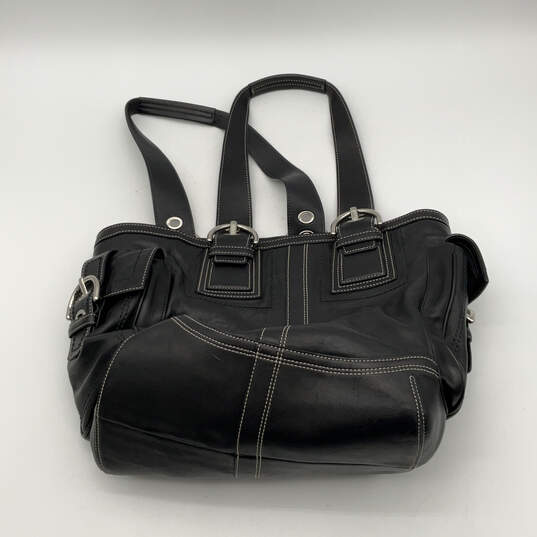 Womens Black Leather Inner Pockets Double Handles Zipper Shoulder Bag image number 1