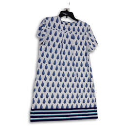Womens Blue White Batik Print Crew Neck Short Sleeve Shift Dress Size Large alternative image