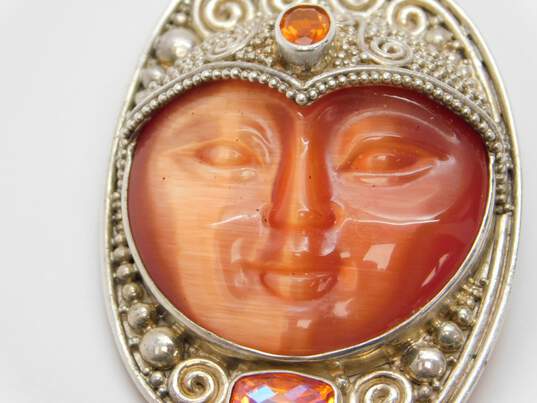 Sajen 925 Orange Cats Eye Carved Goddess Moon Face & Faceted Mystic Quartz Granulated Spirals Statement Pendant Brooch 46.5g image number 3