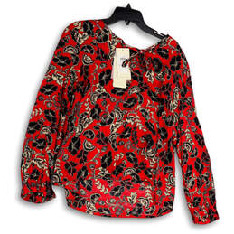 NWT Womens Red Black Floral Long Sleeve Crew Neck Pullover Blouse Top Sz M alternative image