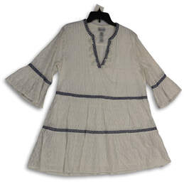 Womens White Blue Split Neck Bell Sleeve Pullover A-Line Dress Size Large