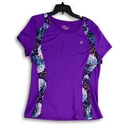 Womens Purple Floral Round Neck Short Sleeve Pullover Blouse Top Size XL