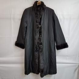 Women's long black overcoat with faux fur trim
