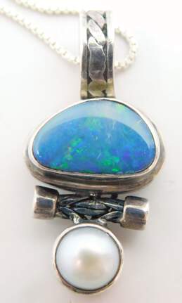 Artisan 925 Blue Opal Cabochon & White Pearl Byzantine Chain Accent Pendant Necklace & Band Ring 8.5g alternative image