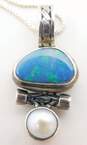 Artisan 925 Blue Opal Cabochon & White Pearl Byzantine Chain Accent Pendant Necklace & Band Ring 8.5g image number 2