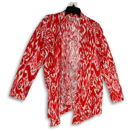 Womens Red White Ikat Print Long Sleeve Stretch Open Front Cardigan Size 1
