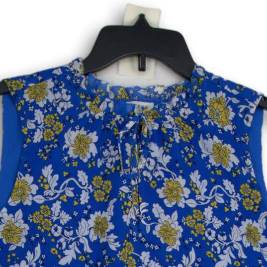 J. Crew Womens Blue Yellow Floral Tie Neck Sleeveless Pullover Blouse Top Size L image number 3