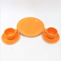VTG Fiestaware Tangerine Orange Set of 2 Cups & Saucers w/ Bonus Dinner Plate