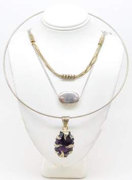 Sterling Silver Purple Glass Bean Shape & Corkscrew Chain Necklaces 45.1g
