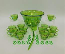 VTG Indiana Glass Princess Green Iridescent Carnival Glass Punch Bowl Set 12 Cup