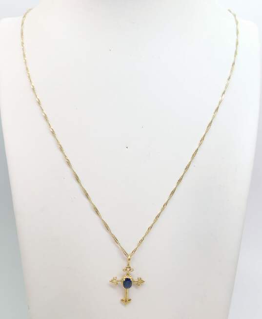 Elegant 14K Yellow Gold Sapphire Cross Pendant Necklace 4.0g image number 4