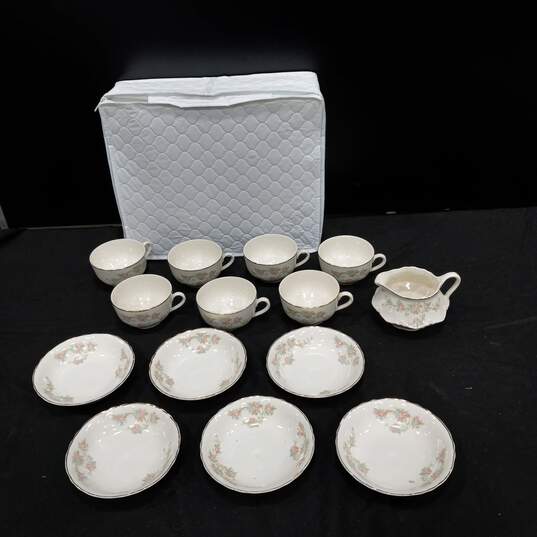 Taylor Smith White Ceramic Floral Design Tea Cups w/Matching Saucers, Cream Dish and Travel Case image number 1