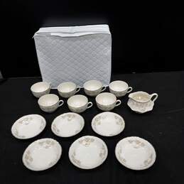 Taylor Smith White Ceramic Floral Design Tea Cups w/Matching Saucers, Cream Dish and Travel Case