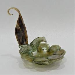 Vintage MCM Green Earth Tone Swirl Art Glass Rooster Bird Ashtray Dish 8 Inch