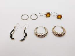 Artisan 925 Faceted Orange Glass & Black Enamel Inlay Drop & Puffed Ridged & Etched Hoop Earrings 23.9g