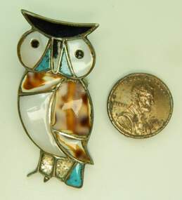 Zuni Artisan 925 Sterling Silver Mother of Pearl Shell & Turquoise Inlay Owl Brooch 6.7g alternative image