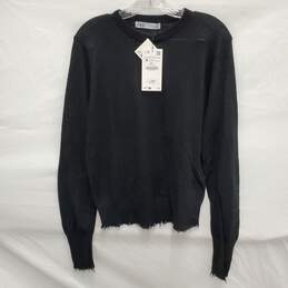 NWT Zara WM's Black Alpaca & Wool Blend Crewneck Fray Sweater Size MM alternative image
