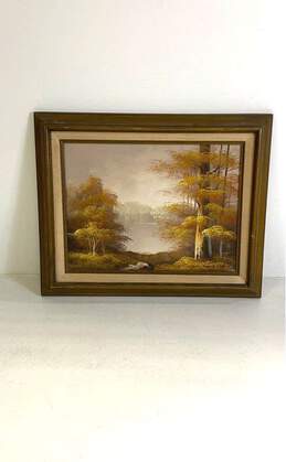 Autumn Birch Trees on the Lake Oil on canvas by C. Liong Signed. Matted & Framed