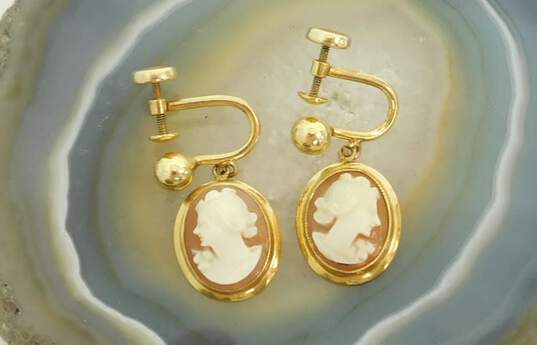 10K Gold Carved Woman Cameo Oval Drop Screw Back Earrings 3.2g image number 3