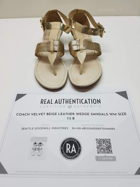 AUTHENTICATED Coach Velvet Beige Leather Wedge Sandals Size 7.5 image number 1