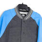 Mens Blue Gray Long Sleeve Band Collar Snap Front Varsity Jacket Size XL image number 3