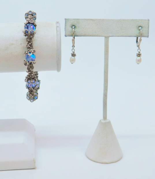 Artisan 925 White Pearl Drop Earrings & Purple Crystal & Granulated Beaded Toggle Bracelet 25.1g image number 1
