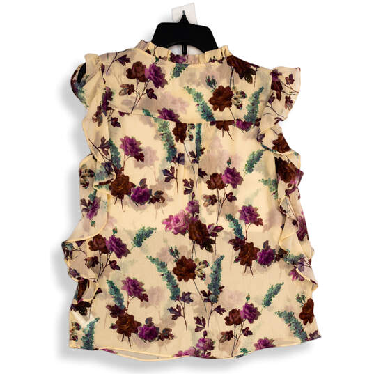 NWT Womens Cream Purple Floral Ruffle Sleeve V-Neck Blouse Top Size Small image number 2
