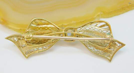 Vintage 14K Gold Sapphire Accented Spun Filigree Ribbon Bow Brooch 4.5g image number 2