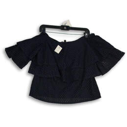 NWT Womens Navy Blue Eyelet Ruffle Off The Shoulder Blouse Top Size XS
