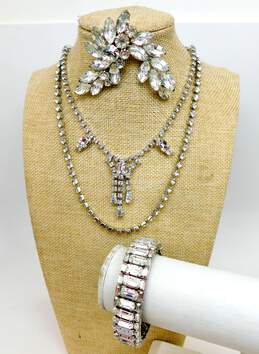Vintage Silvertone Icy Rhinestone Pendant & Chain Necklaces Wide Accordion Bracelet & Abstract Brooch 102.7g