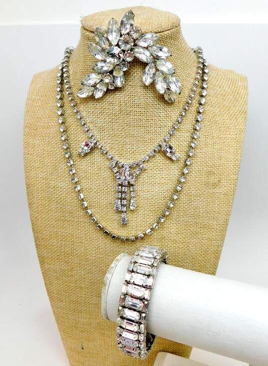 Vintage Silvertone Icy Rhinestone Pendant & Chain Necklaces Wide Accordion Bracelet & Abstract Brooch 102.7g image number 1