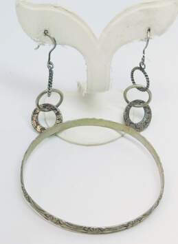 Vintage Beau Sterling & Artisan 925 Rope Smooth & Textured Interlocking Circles Drop Earrings & Floral Stamped Bangle Bracelet 18.4g