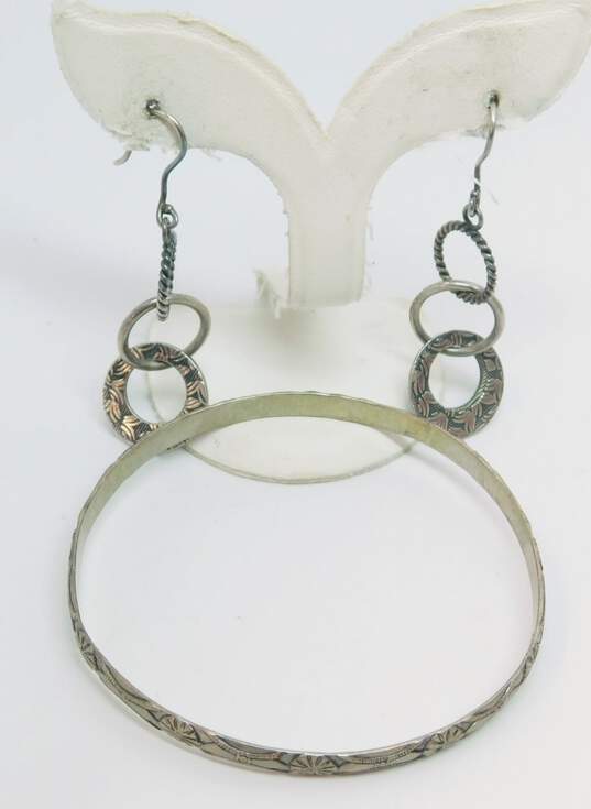 Vintage Beau Sterling & Artisan 925 Rope Smooth & Textured Interlocking Circles Drop Earrings & Floral Stamped Bangle Bracelet 18.4g image number 1