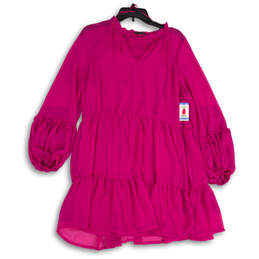 NWT Womens Pink Magenta Long Sleeve Split Neck Tiered Pullover Mini Dress L