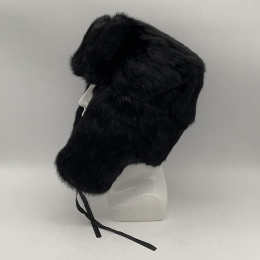 Womens Black Rabbit Fur Adjustable Ear Flap Winter Trapper Hat Size Large image number 2