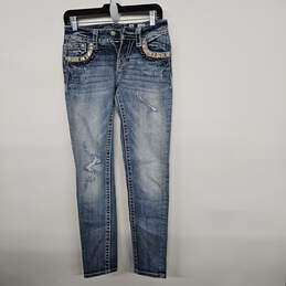 Denim Blue Distressed Mid Rise Skinny Embellished Jeans