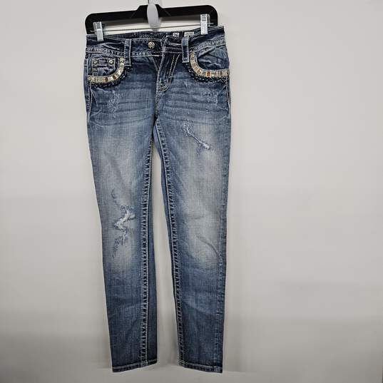 Denim Blue Distressed Mid Rise Skinny Embellished Jeans image number 1