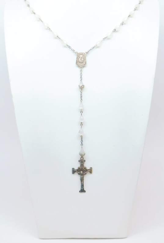 Vintage Creed Sterling 925 Crucifix Cross White Lucite Teardrops Beaded Rosary Necklace 22.3g image number 2