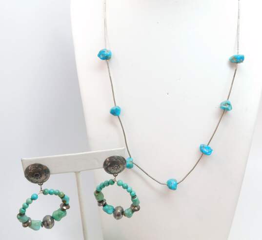 Artisan 925 Southwestern Turquoise Liquid Silver Station Necklace & Stamped Dome Graduated Beaded Circle Drop Post Earrings 19.6g image number 1