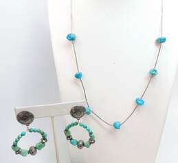 Artisan 925 Southwestern Turquoise Liquid Silver Station Necklace & Stamped Dome Graduated Beaded Circle Drop Post Earrings 19.6g