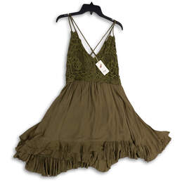 NWT Womens Green Pleated V-Neck Sleeveless Crochet A-Line Dress Size XL