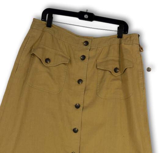 Womens Tan Button Front Pockets Knee Length Regular Fit A-Line Skirt Sz 14 image number 3