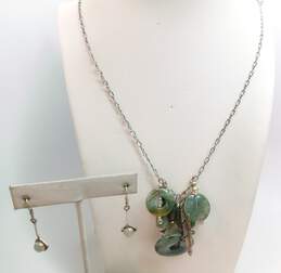 Artisan 925 Moss Agate Beaded Tassel Pendants Necklace & Quartz Drop Earrings