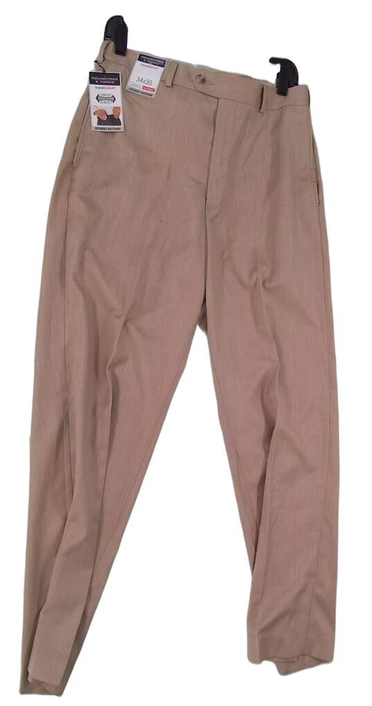NWT Mens Tan Regular Fit Flat Front Dress Pants Size 34x30 image number 1