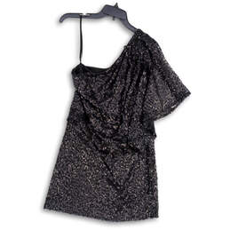 Womens Black Sequin One Shoulder Flutter Sleeve Pullover Mini Dress Size 12 alternative image