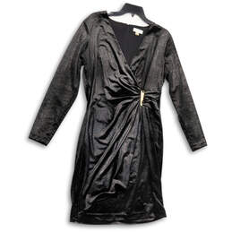 Womens Black Silver Shimmer Ruched V-Neck Back Zip Sheath Dress Size 14
