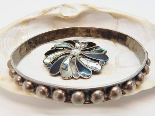 Taxco Mexico 925 Modernist Domes Bangle & Abalone & Enamel Flower Pendant Brooch image number 3