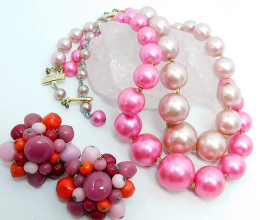 Vintage Pink & White Beaded Clip-On Earrings & Multi Strand Necklaces 198.6g image number 4